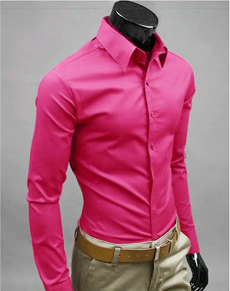 rose New Fashion Men Candy Colors Stylish Slim Fit Dress Shirt Leisure Shirt,M-XXXL Hot Sale - Цвет: rose