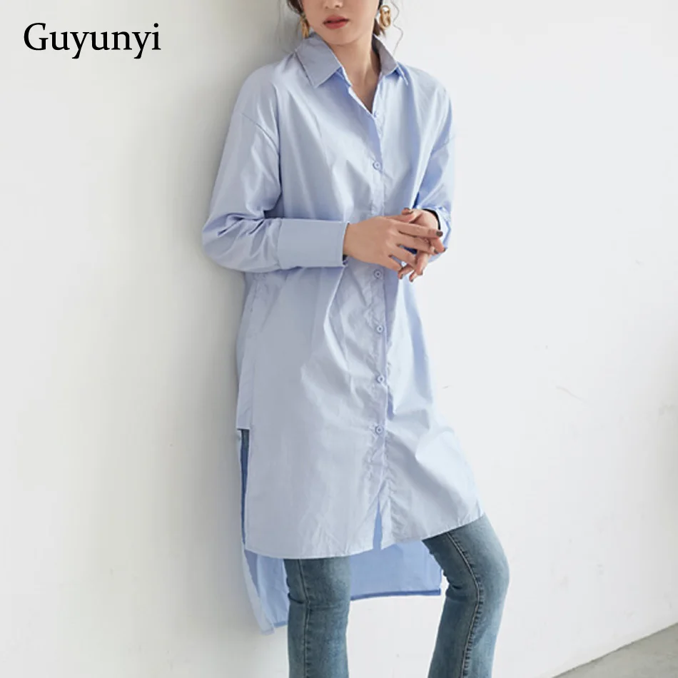 

Streetwear Blouses 2019 Spring Loose Slit Shirt Female White Blue Long Shirt Turn-down Collar Short Front and Long Back