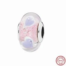 925 стерлингового серебра переливающиеся муранские стеклянные бусины плавающие фиолетовые сердца розовый CZ DIY Fit PANDORA Подвески для изготовления ювелирных изделий P5047