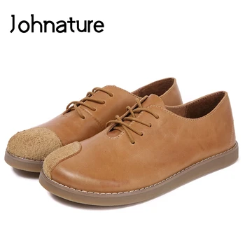 

Johnature New 2020 Spring/Autumn Genuine Leather Lace-up Solid Shallow Round Toe Casual Retro Flat Platform Women Shoes