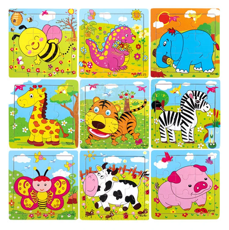 9 pieces Cartoon Wooden jigsaw puzzle toys DIY Educational toys Animals Plane puzzles Education Learning tools
