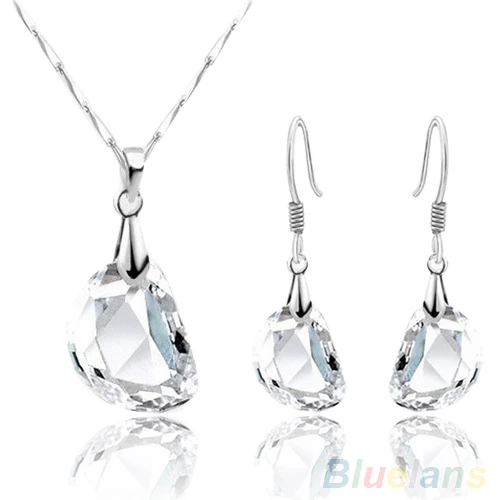 

Fashion Women's Crystal Pea Shaped White Necklace Earrings Jewelry Set 2J2I