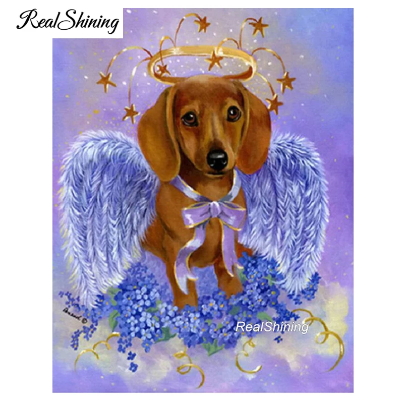 Realshining cross stitch diamond embroidery angel dogs sybju diy