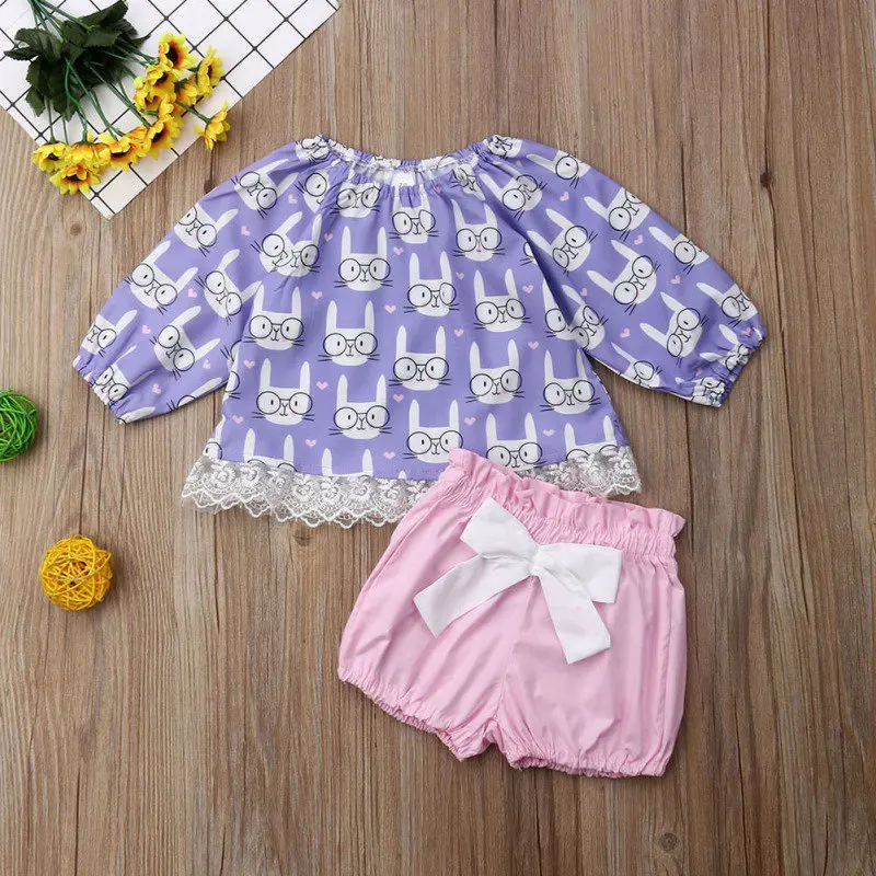 

Summer Baby Girl Casual Long Sleeve Cotton Tops Animal Pattern T-shirt Shorts with Bowknot Outfits Set