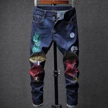 2019 New European American Fashion Men's Jeans Blue Color Embroidery Punk Jeans Colorful Printed Pants Hip Hop Ripped Jeans Men 2019 New European American Fashion Men's Jeans Blue Color Embroidery Punk Jeans Colorful Printed Pants Hip Hop Ripped Jeans Men