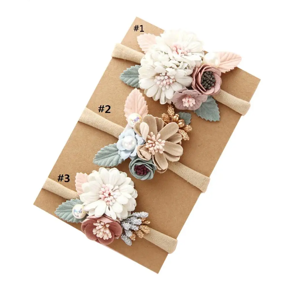 

Newborn Baby Princess Style Traceless Nylon Headbands Artificial Flowers Head Bands With Pearl Toddlers Birthday Party Headwrap