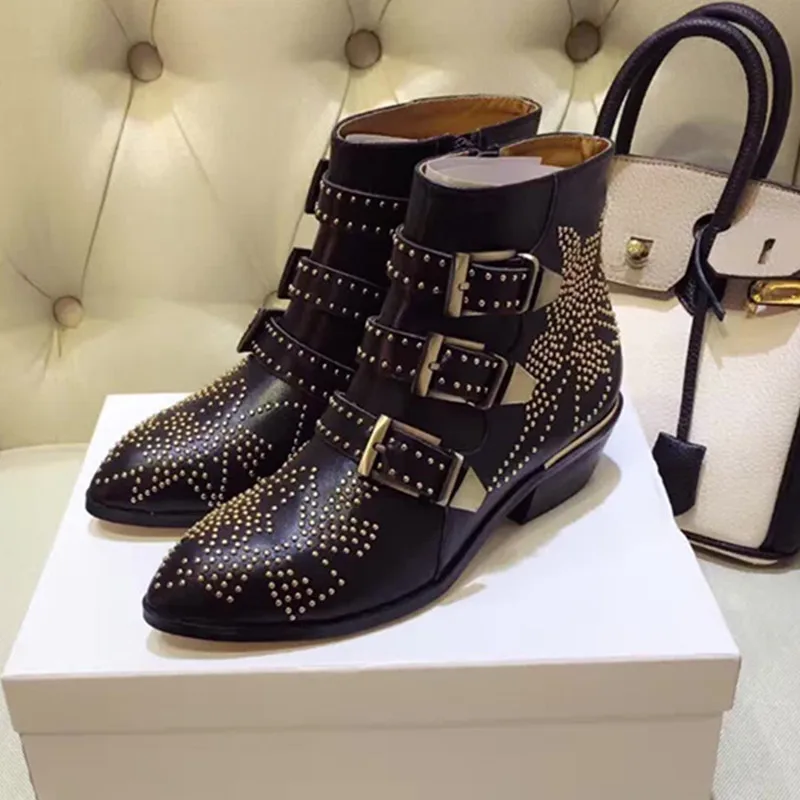 

Susanna Studded Real Leather Ankle Boots Women Round Toe Rivet Flower Martin Short Boots Women Luxury Velvet Boots Zapatos Mujer