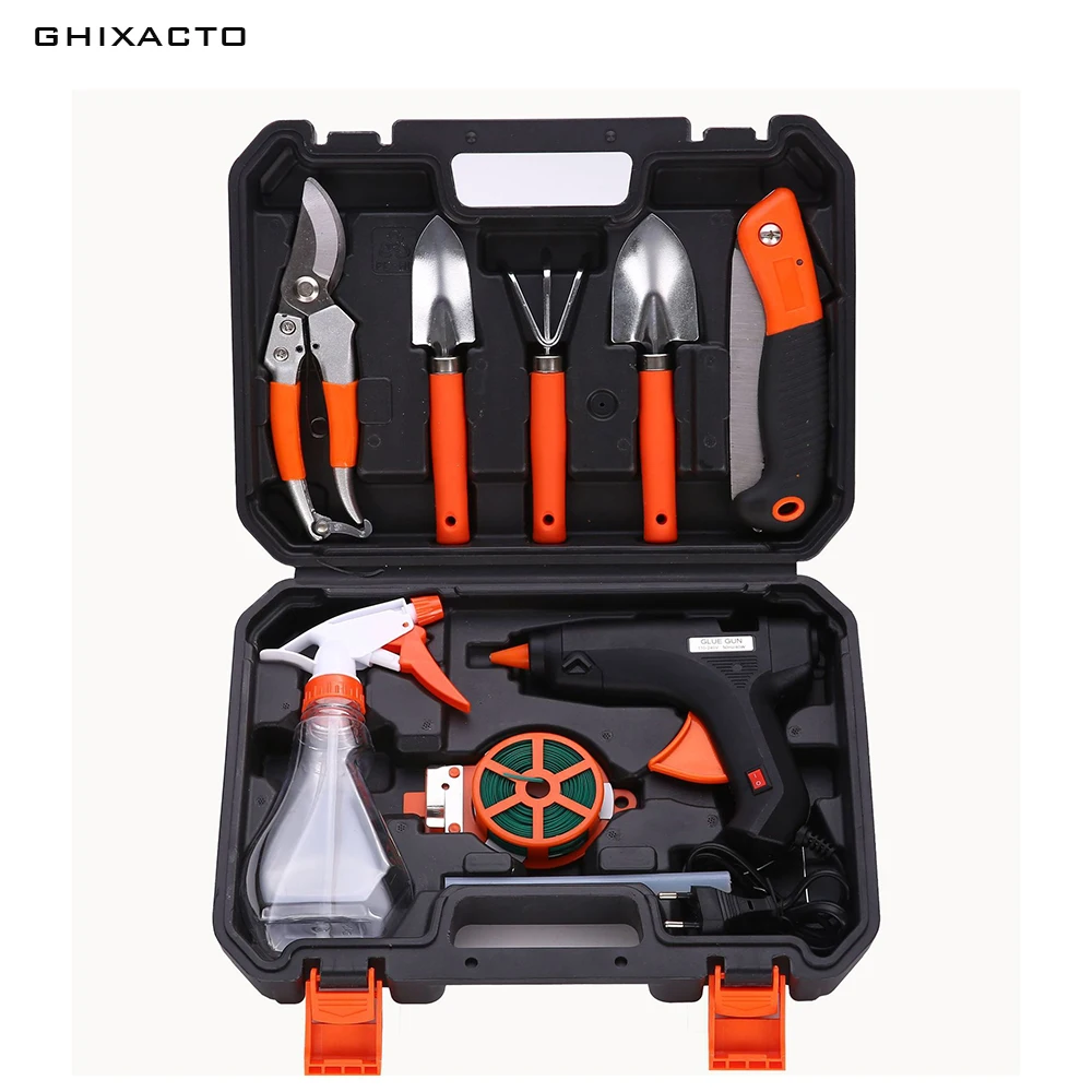 

GHIXACTO 10pcs Gardening Tools Set Combination Pruning Pruner Flower Planting Shovel Spade Rake Fork Heat Melt Glue Gun With box