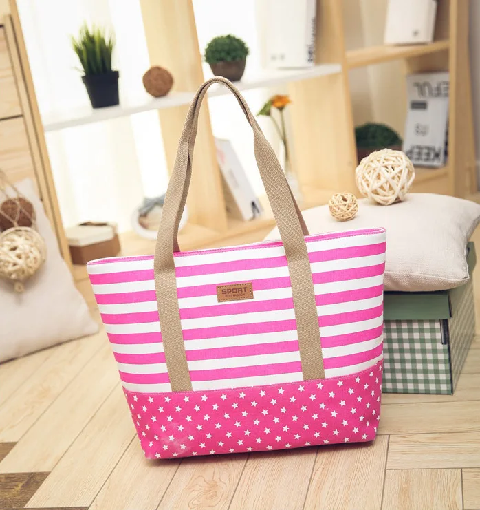 SMOOZA модная полосатая Повседневная Сумка-тоут, Женская Холщовая Сумка, повседневные сумки через плечо для покупок, Пляжная большая сумка на молнии, сумка для основной сумки - Цвет: pink big