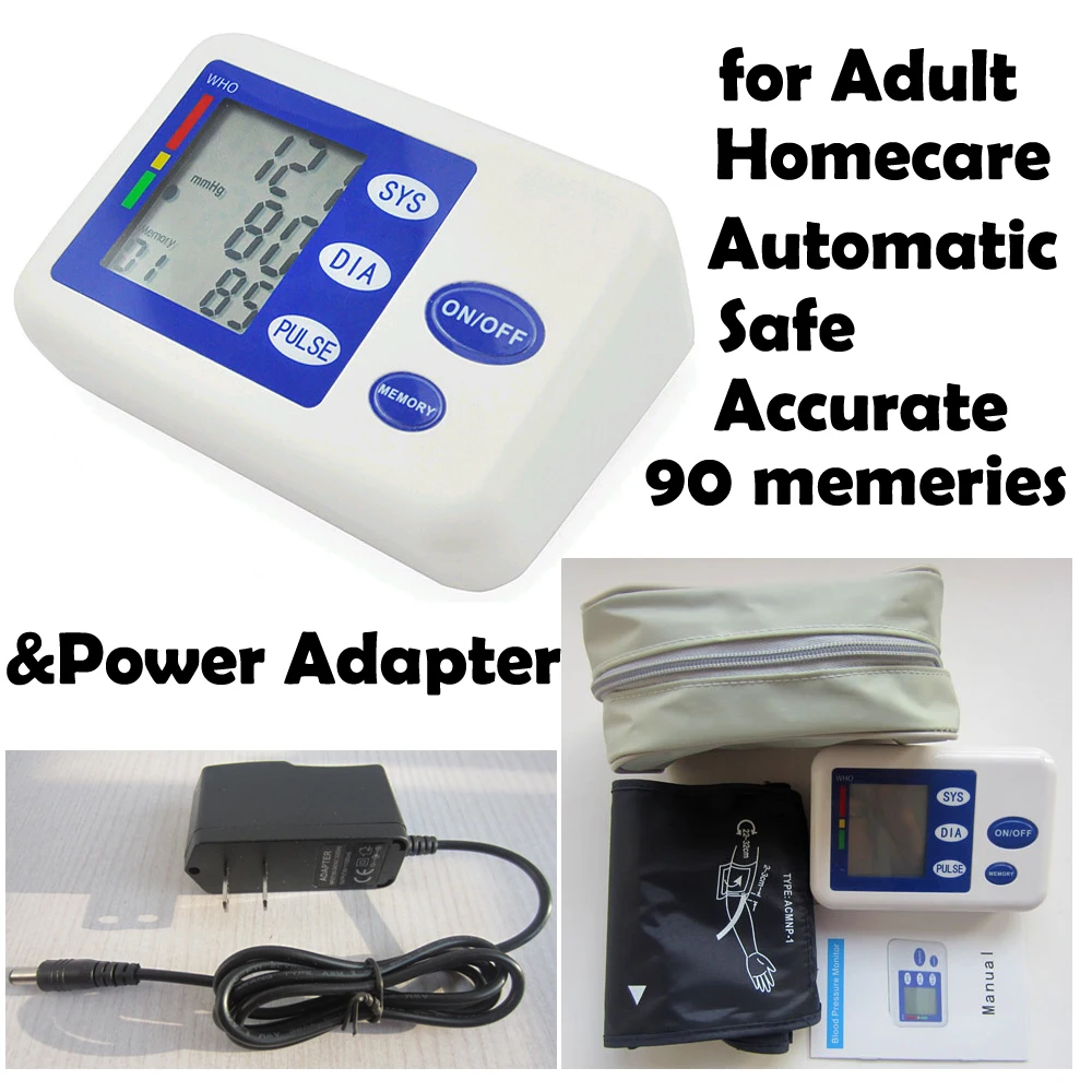 

Automatic Digital arm Blood Pressure Monitor Heart Beat Meter data Capacity Hypertension Homecare with power adaper