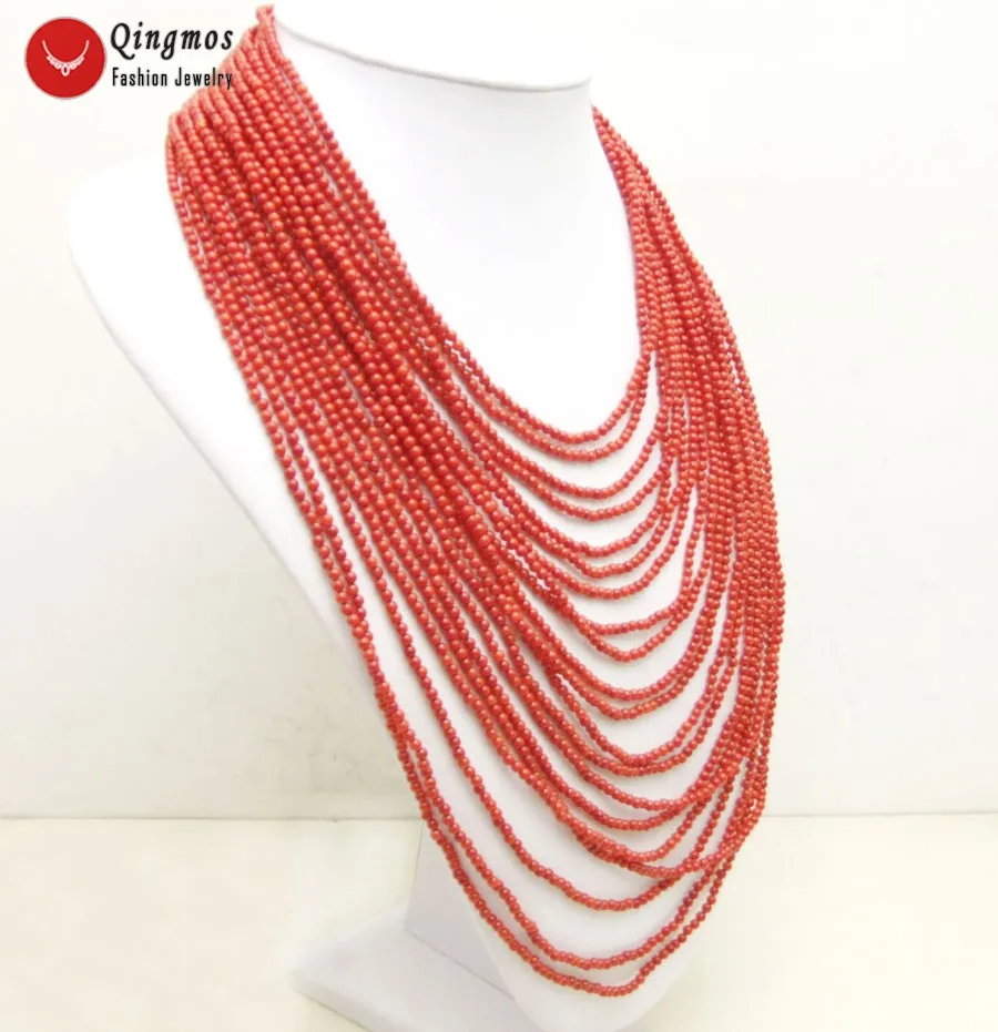 Qingmos Trendy 20 Strands Coral Necklace for Women with 3-4mm Round Natural Red Coral  18-27