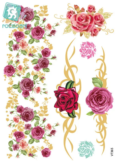 

Rocooart VT365 21X15cm Gold Golden Big Tattoo Stickers Colorful Flowers Rose Flash Tattoos Glitter Temporary Tattoo Taty