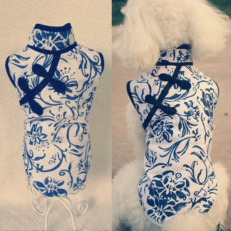 

Fashion Pet Dog Cat Clothes Blue and White Porcelain Chinese Fancy Dress Cheongsam Dog Cat Sleeveless Vest Pet Clothes