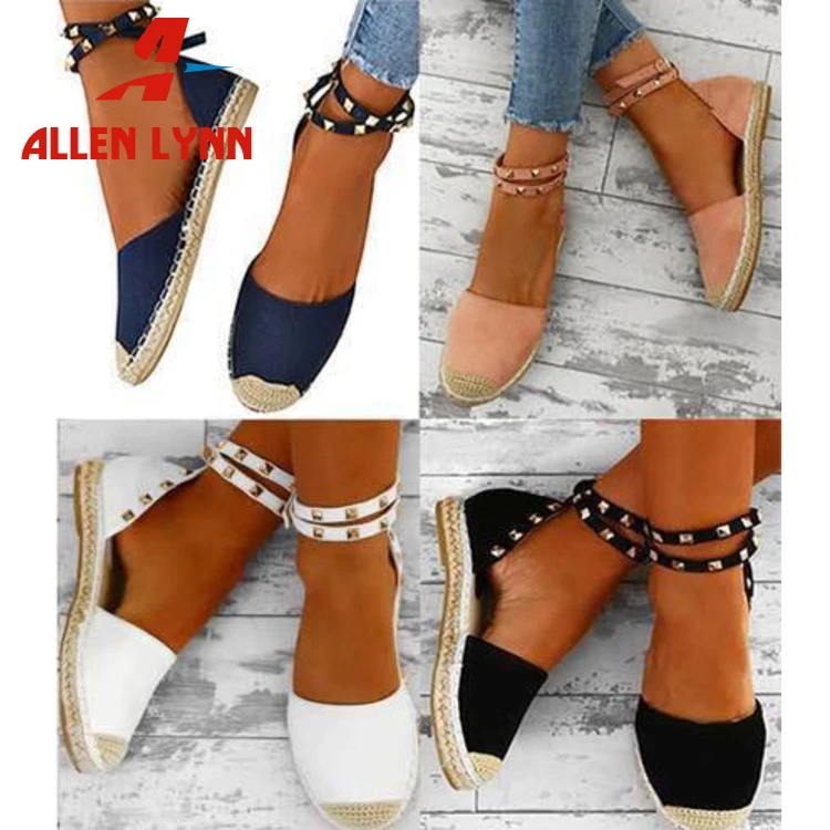 

ALLENLYNN New INS Hot Straw Sole Flat Sandals Women 2019 Summer Large Size 35-43 Casual Women Rivet Shoes Woman