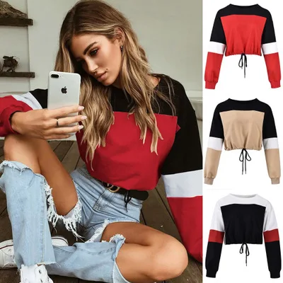 

2018 Autumn and Winter New Color Collision Splicing Round Neck Rope Pulling Head Midriff-baring Short Hoodie Weiyi Cloth Girls