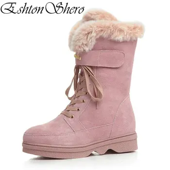 

EshtonShero Shoes Women Mid Calf Snow Boots Low Heel Winter Suede Plush Fur-lined Keep Warm Ladies Casual Boots Size 34-39