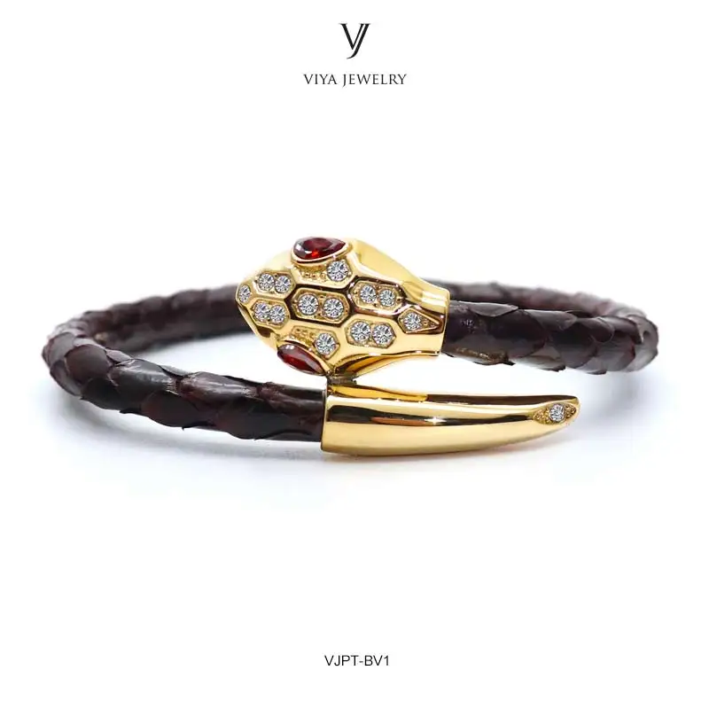 

Charm Snake Heads & Dark Brown Python Leather Bracelet Luxury Comfortable Men Python Leather Charm Bracelet Jewelry Has Gift Box