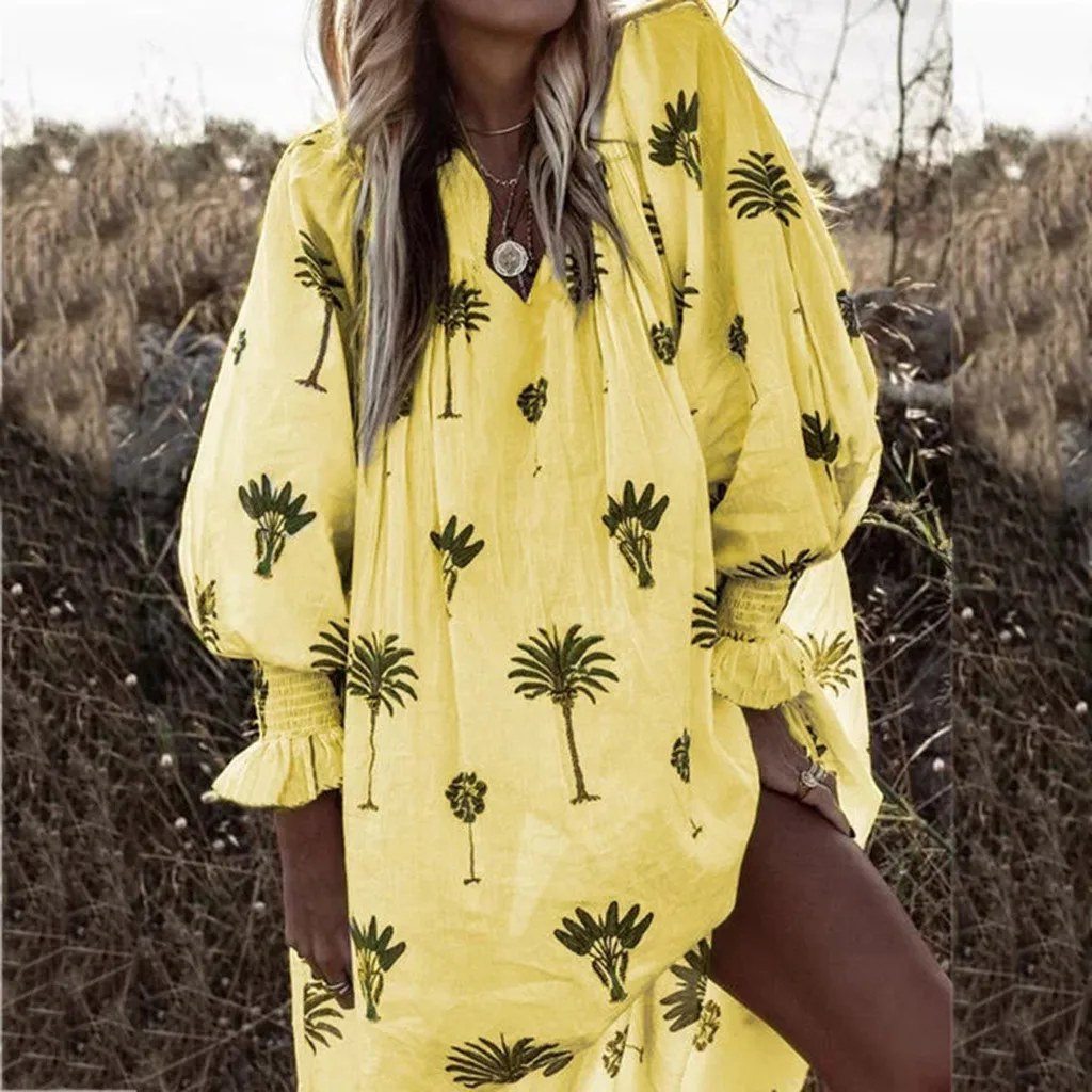 

Vintacy Long Sleeve Dress Green Tropical Beach Vintage Maxi Dresses Boho Casual V Neck Holiday Beach Dress _3.26