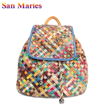 

San Maries Hot Fashion Women Woven Backpack Female Genuine Leather Backpacks For Girls Teenagers Schoolbag Ladies Shoulder Bag