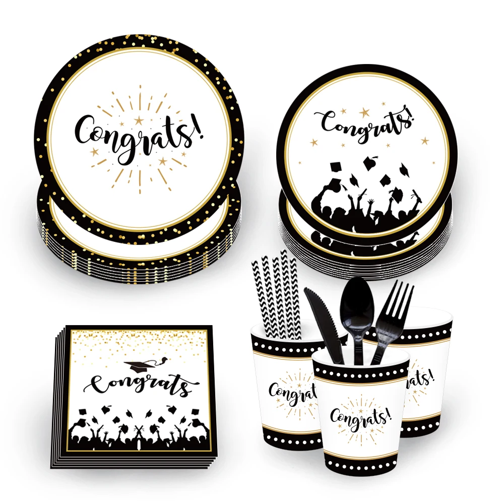 

OHEART Graduation Party Decorations Set Black Gold Plates Napkin Cups Disposable Tableware Grade Celebrate Party Favors