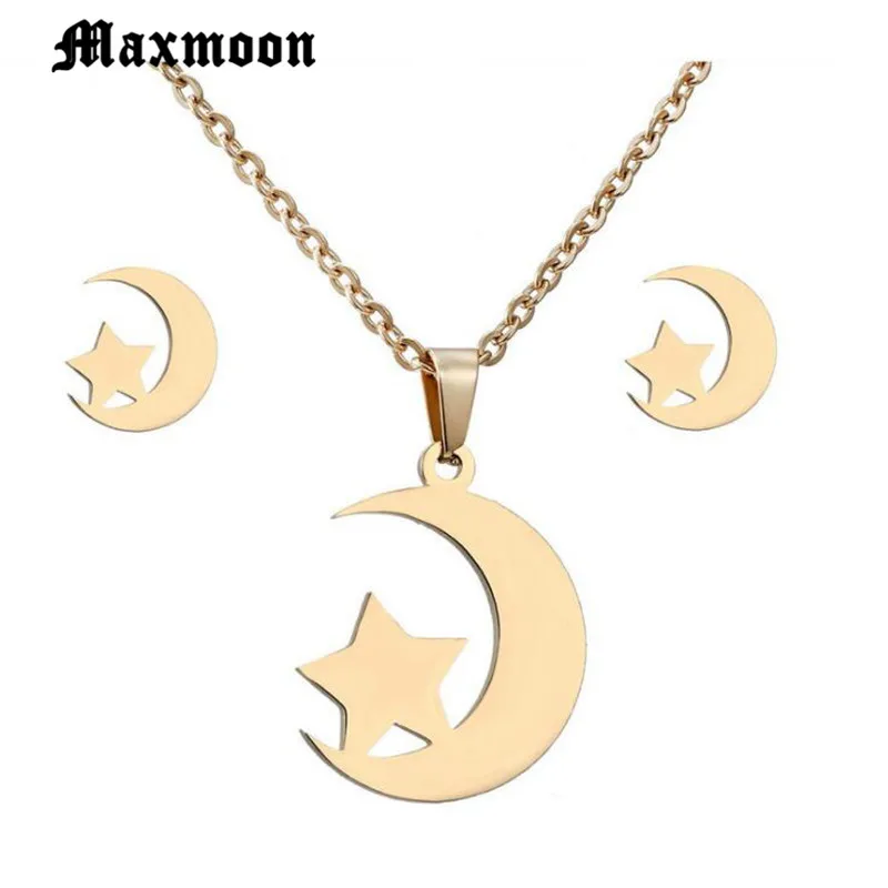 

Maxmoon Simple Style Moon And Star Star Jewelry Sets Gold Color Pendant Necklace For Women Chain Necklace Wholesale