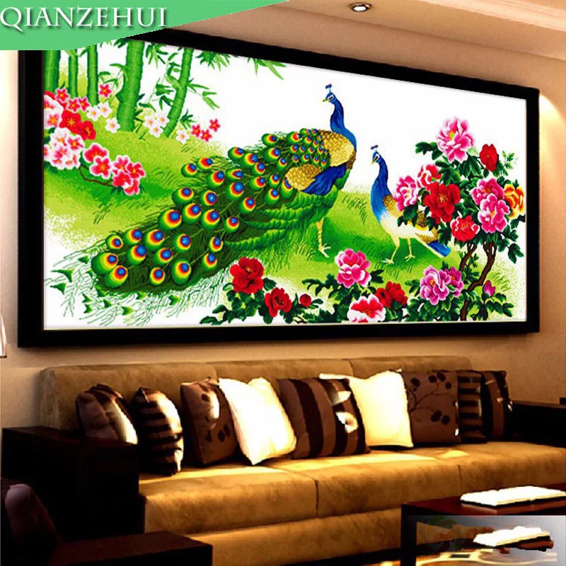 

QIANZEHUI,Needlework,DIY Peacock and Peony flowers cross stitch, Harmony bring wealth cross-stitch ,restaurant hang picture