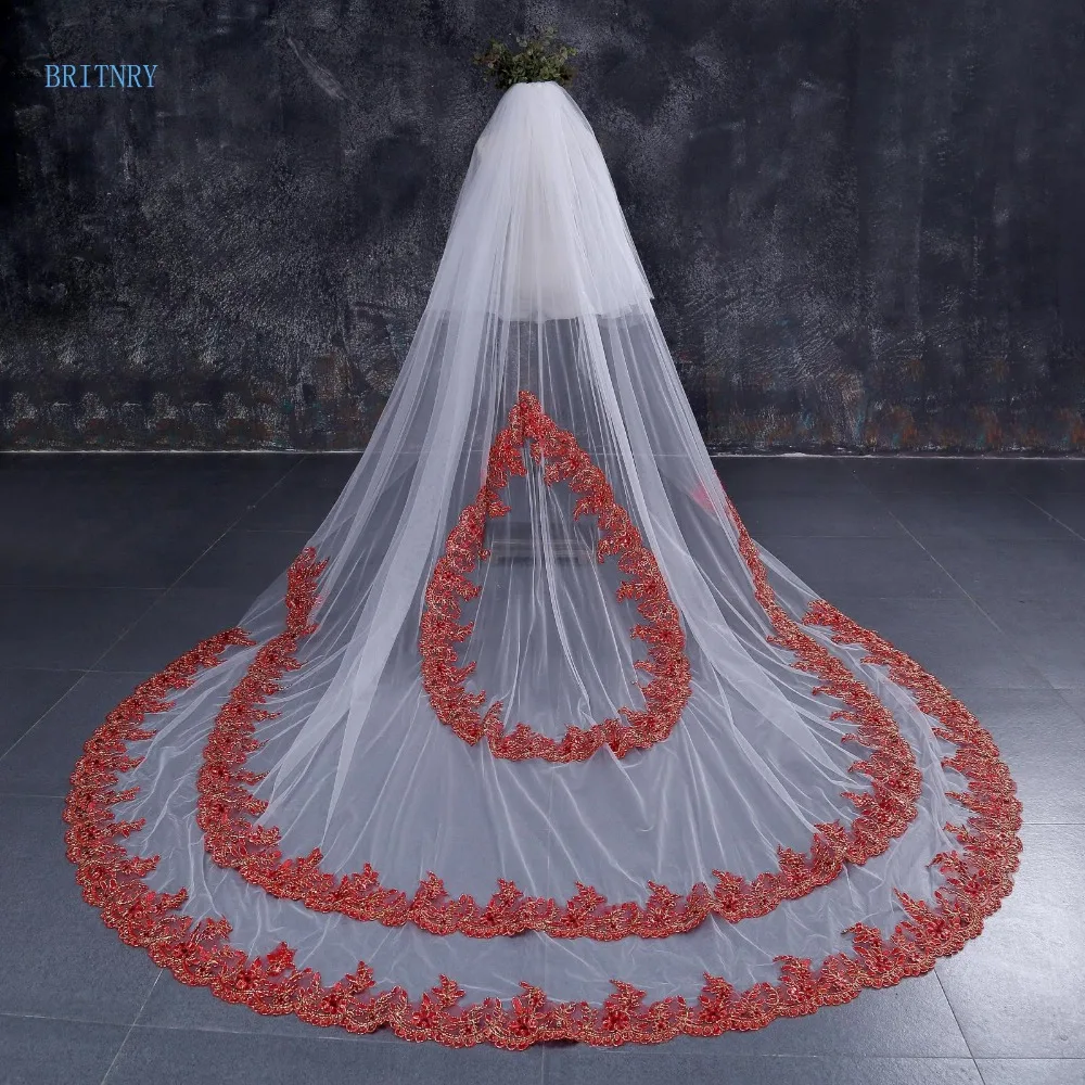 BRITNRY Ivory 3M Cathedral Wedding Veil with Comb Red Lace Edge Bridal