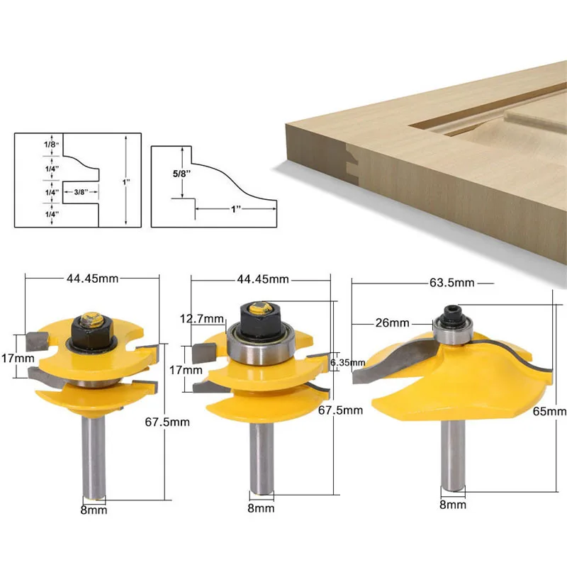 Высокое качество 8 мм хвостовик поднятая панель двери шкафа маршрутизатор Набор бит дерево резак фрезы 3 Бит Ogee деревообрабатывающие фрезы - Длина режущей кромки: GJ377-3