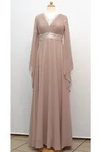 Elegant V-neck Muslim Long Dress Long Sleeve Arabic Muslim Hijab Dress Beading Sashes Beading Neckline Bling Evening Gowns