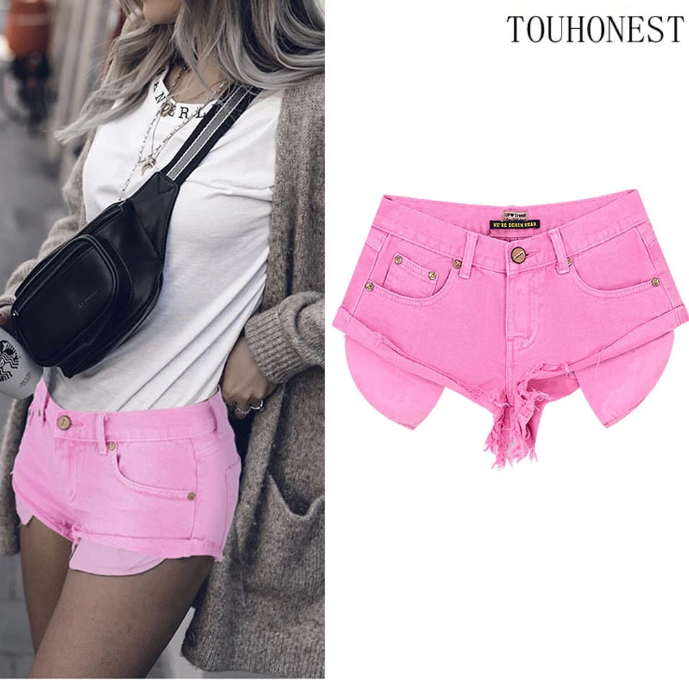 Touhonest Low Waist Fashion Macaron Pink Cute Jeans Shorts Women High