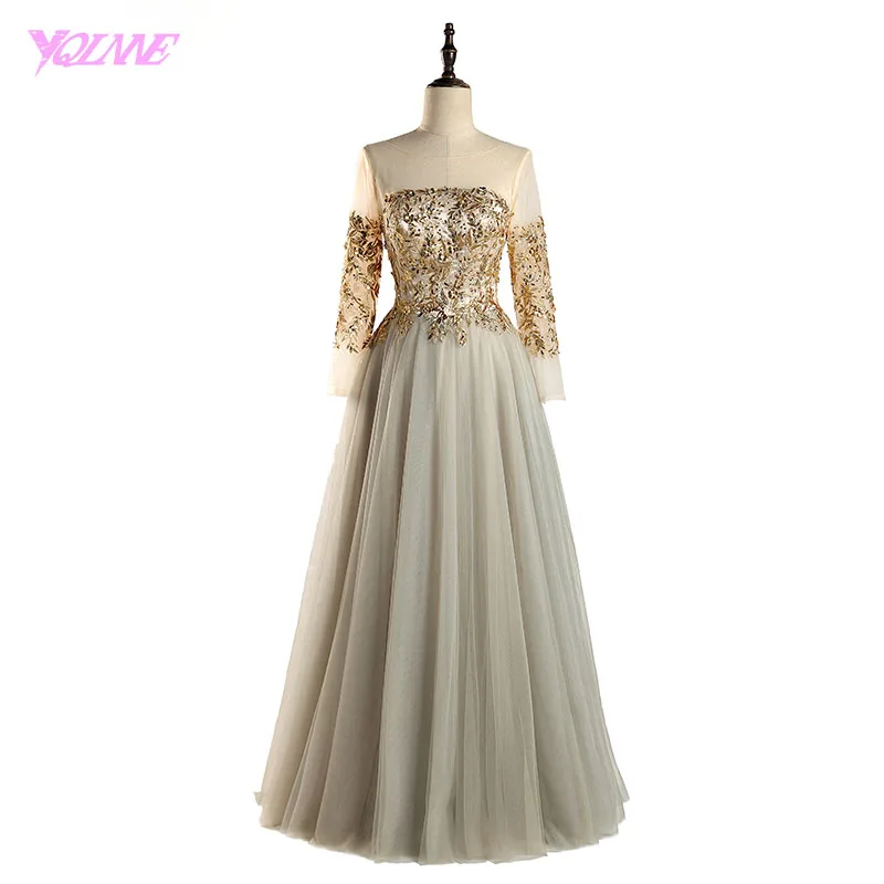 

YQLNNE 2018 Elegant Gold Lace Appliques Evening Dresses Formal Women Party Dress Long Robe De Soiree Vestido De Festa