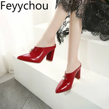 

Women's Slippers Super High Heel Spring Autumn Pu Pointed Toe Pearl 2019 New Sexy Fashion Casual Beige Red Black Big Size 34-48