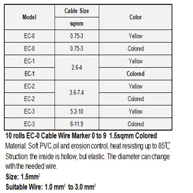 10 рулонов для смешанных цифр разных цветов 0-9 каждый рулон 1000 шт EC-0 кабель провод MarkerPVC Кабель маркер Размер 1,5 sqmm