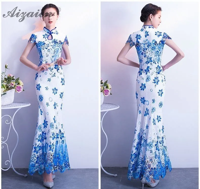 Модерано sirena azul Banco largo Cheongsam las mujeres chino vestido de noche Qipao Longue Femme Chinoise винтажные платья