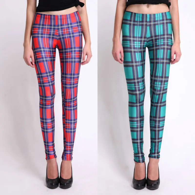 Classic Slim Skinny font b Tartan b font Green Red Plaid Leggings Pants Mid Waisted Fit