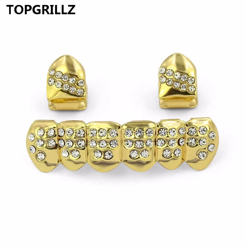 TOPGRILLZ новое покрытие желтого золота с 2 одинарными верхними зубьями колпачки