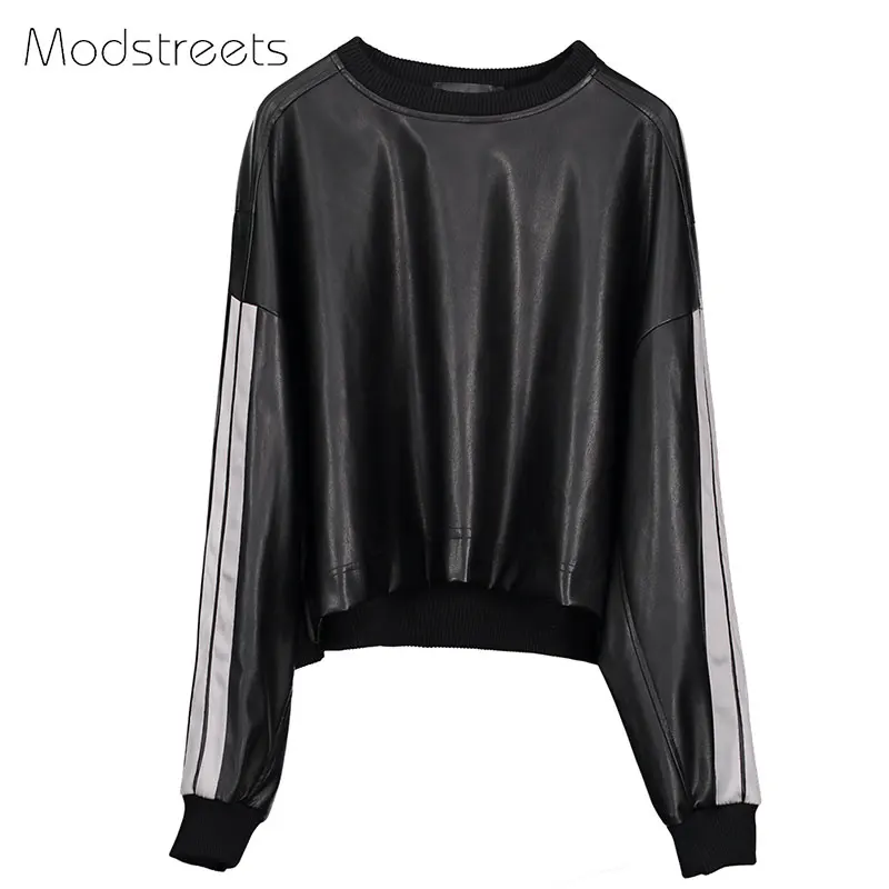  Modstreets Women Black Hoodies Autumn Fashion PU Leather Tops Hoodie Sweatshirt Long Sleeve Pullove