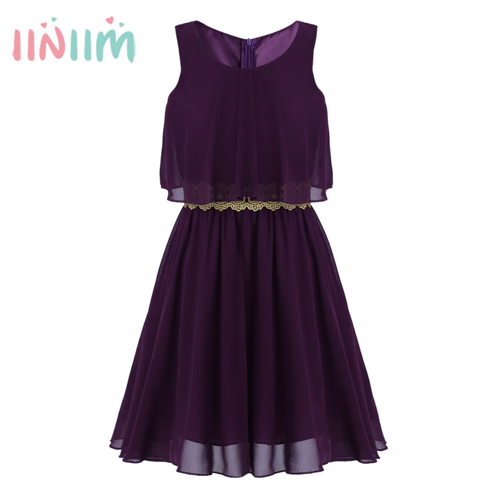 

iiniim Girls Chiffon Pleated Ruffled Popover Dress with Decorative Trim for Birthday Party Summer Brief Dress Prom Dresses