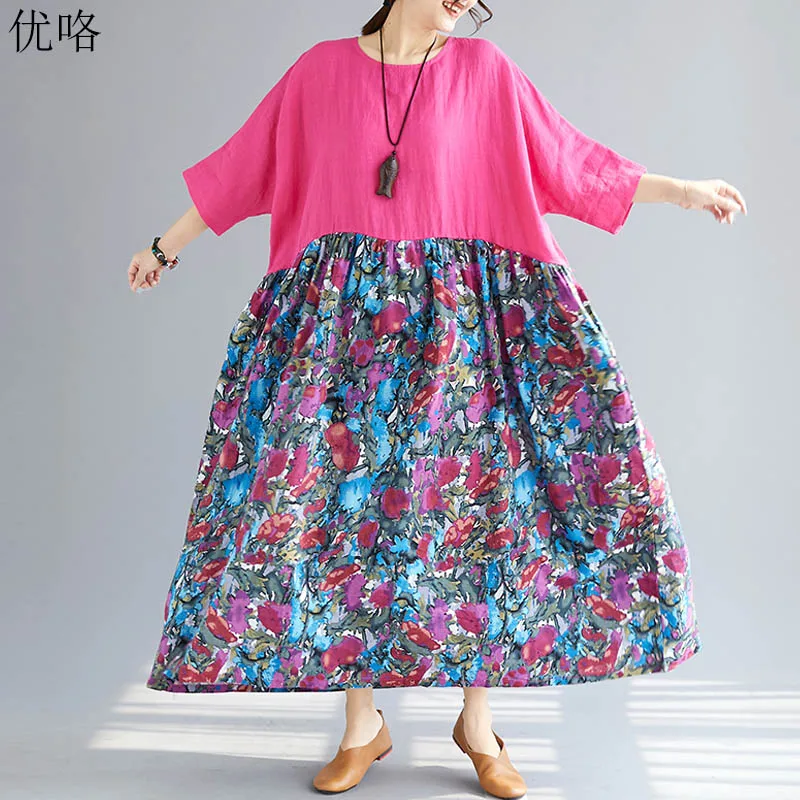 

Plus Size 4XL 5XL 6XL 7XL Boho Dresses For Women Robe Female Loose Print Floral Cotton Linen Maxi Dress Big Size Batwing Dress