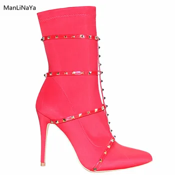 

Mixed Colors Rivet Blet Women Boots Manlinaya Brand Design Lycra Elasticity Tight Women Shoes Slip on Pointed Toe Female Boots