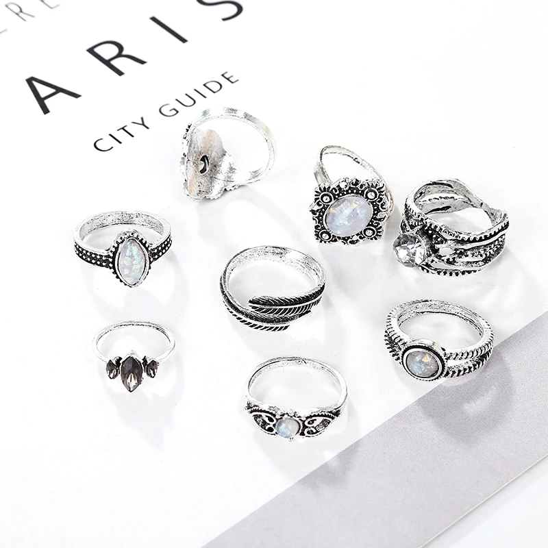 8pcs/sets Knuckle Rings Silver Color Finger Sets Natural Stone Opal Bohemian Style Fashion Jewelry For Women New2019 | Украшения и