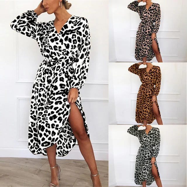 Leopard Dress 2021 Women Chiffon Long Beach Dress Loose Long Sleeve Deep V neck A line