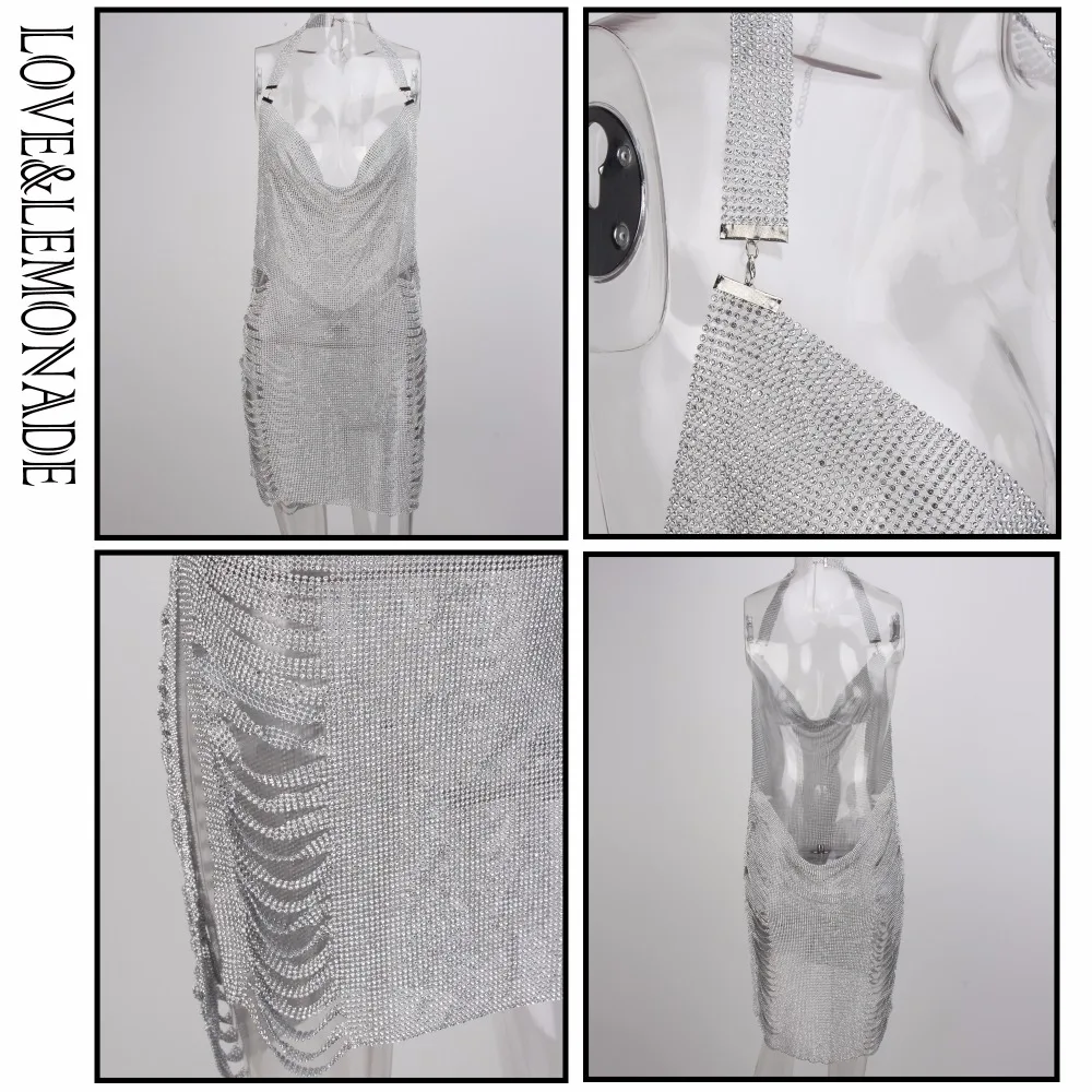 Love& Lemonade Серебряная цепочка со стразами вырезанное платье с открытой спиной LM0669