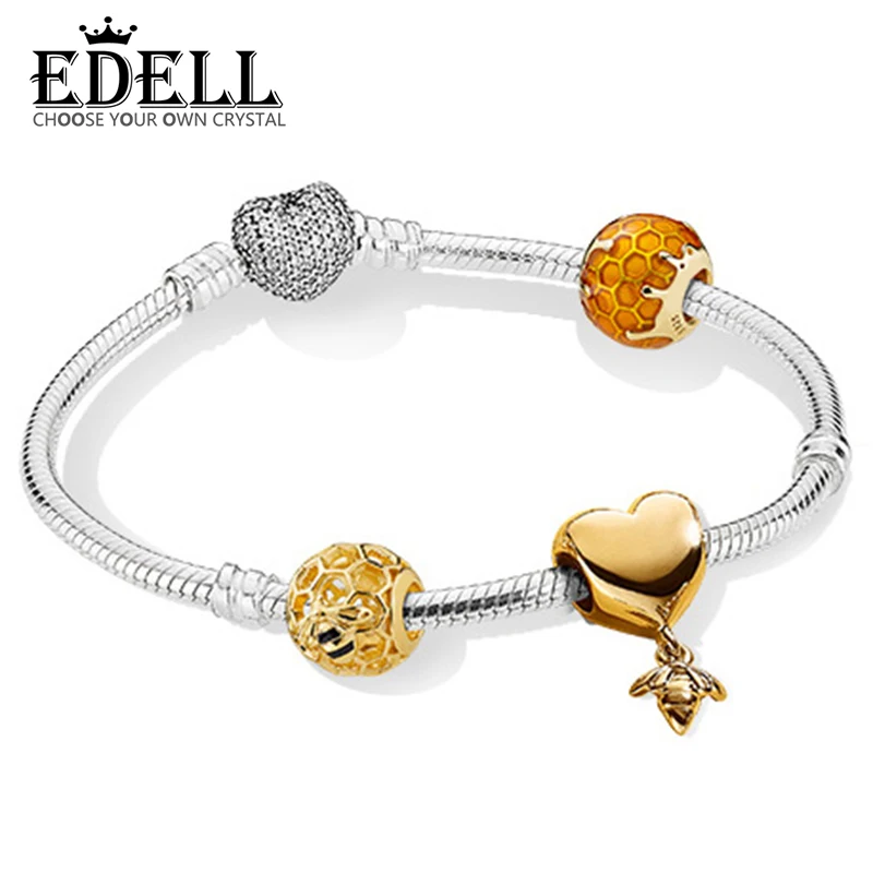 

EDELL 100% 925 Sterling Silver New Bracelet Set Love And Bees 18K Gold Color Luxury Bracelet Suit Suitable DIY Gift