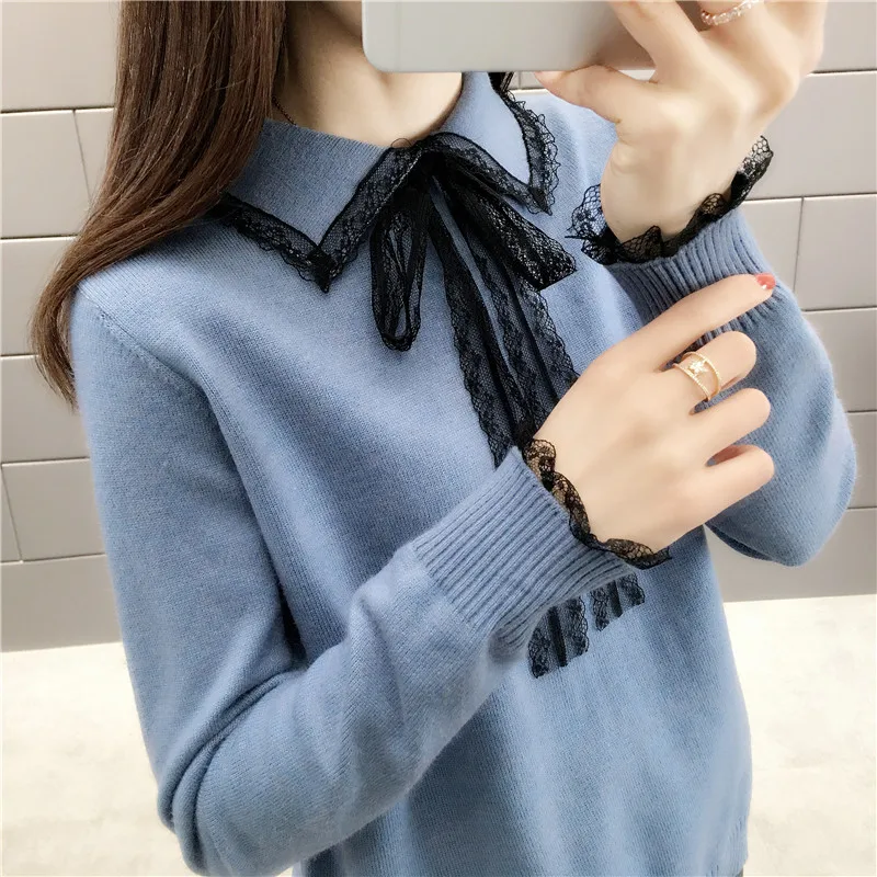 

Spring New Wool Sweater 2019 Fashion Bow Women Pullovers Tops Autumn Long Sleeve Loose Lace Knitted Sweater Female Jumper