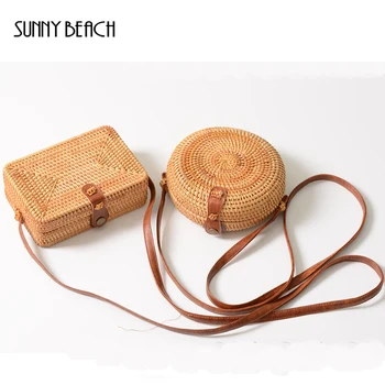 

SUNNY BEACH Summer Mini Messenger Bag Handmade Round Bamboo Handbags Rattan Circle Box Bali Bohemian Women Handbags Straw Bag