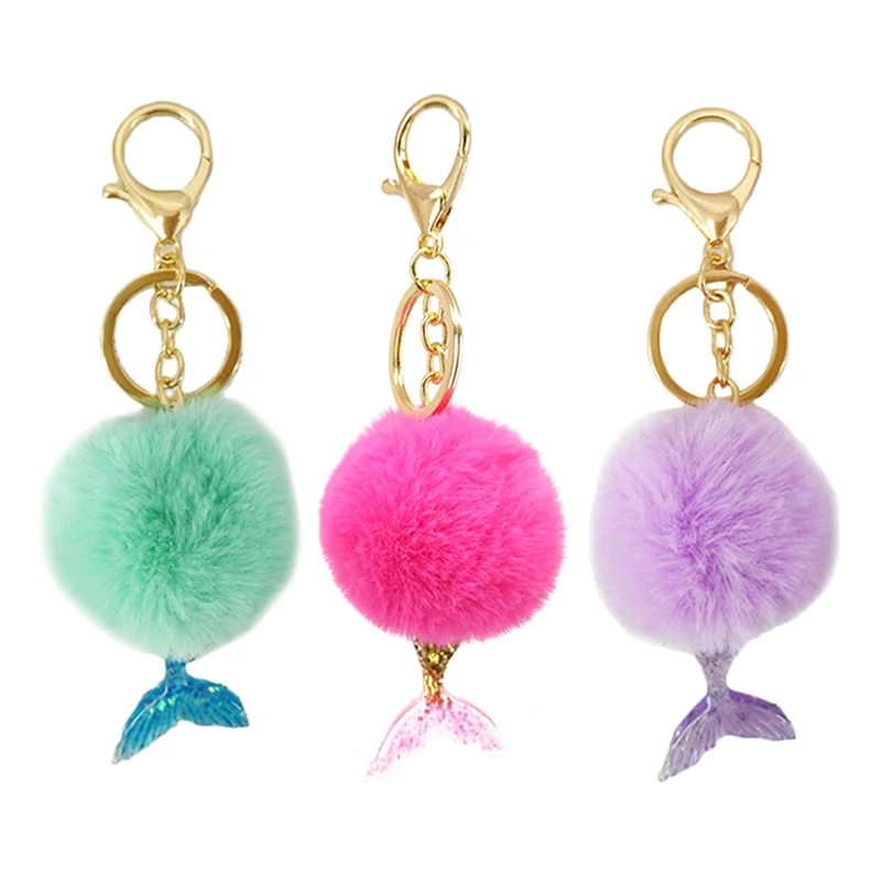1 Pc Fur Pompon Ball Keychain With Mermaid Tail Key Holder Pom Fluffy Bag Pendant Keyring Xmas Jewelry Gift 5 Colors
