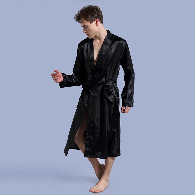 Роскошные Plus Size Silk-как халаты Для мужчин длинные рукава из искусственного шелка мужской пижамы атлас халат однотонные Длинные