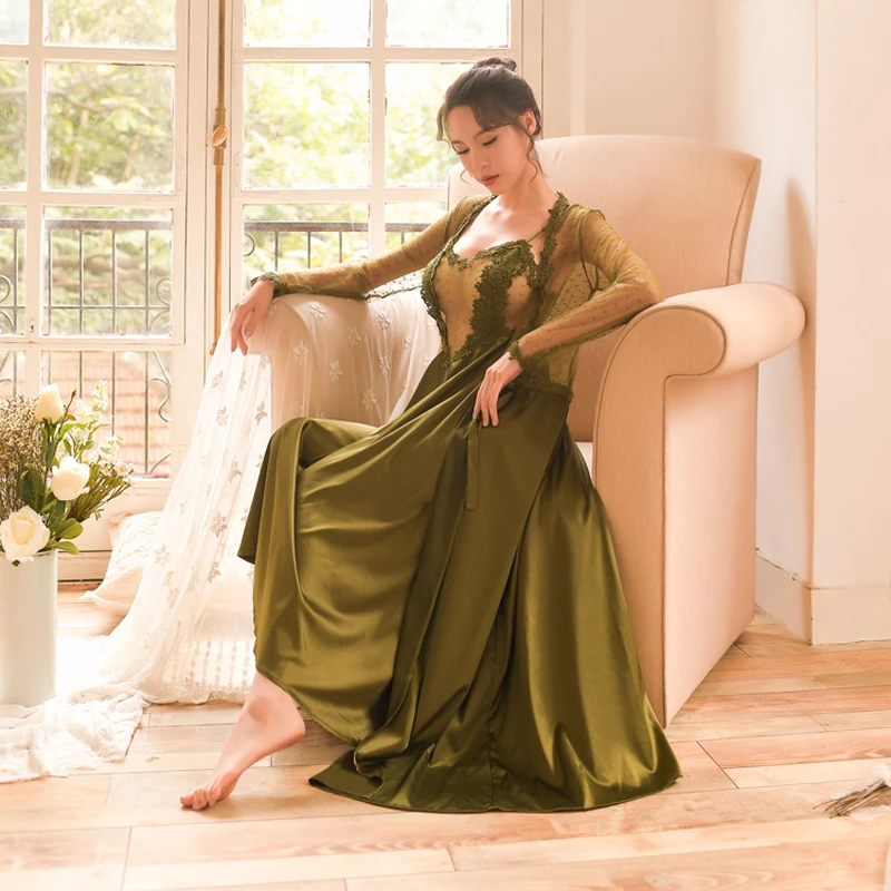 4 цвета кружевное атласное белье свадебное Длинное ночное платье ночные ...