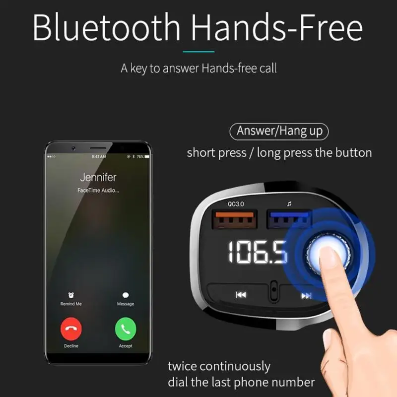 T61 Bluetooth Handsfree Car Kit fm-модулятор MP3 плеер 3A QC3.0 + 1A USB Зарядное устройство